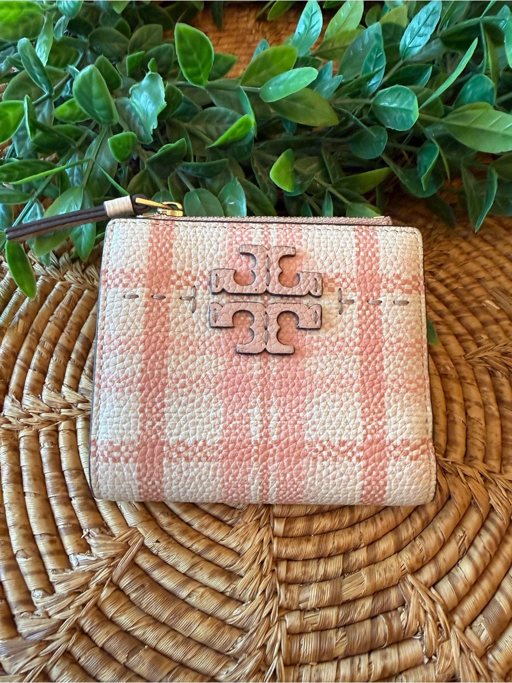 Tory Burch Pink Plaid Double T Logo Leather Zip Card Wallet